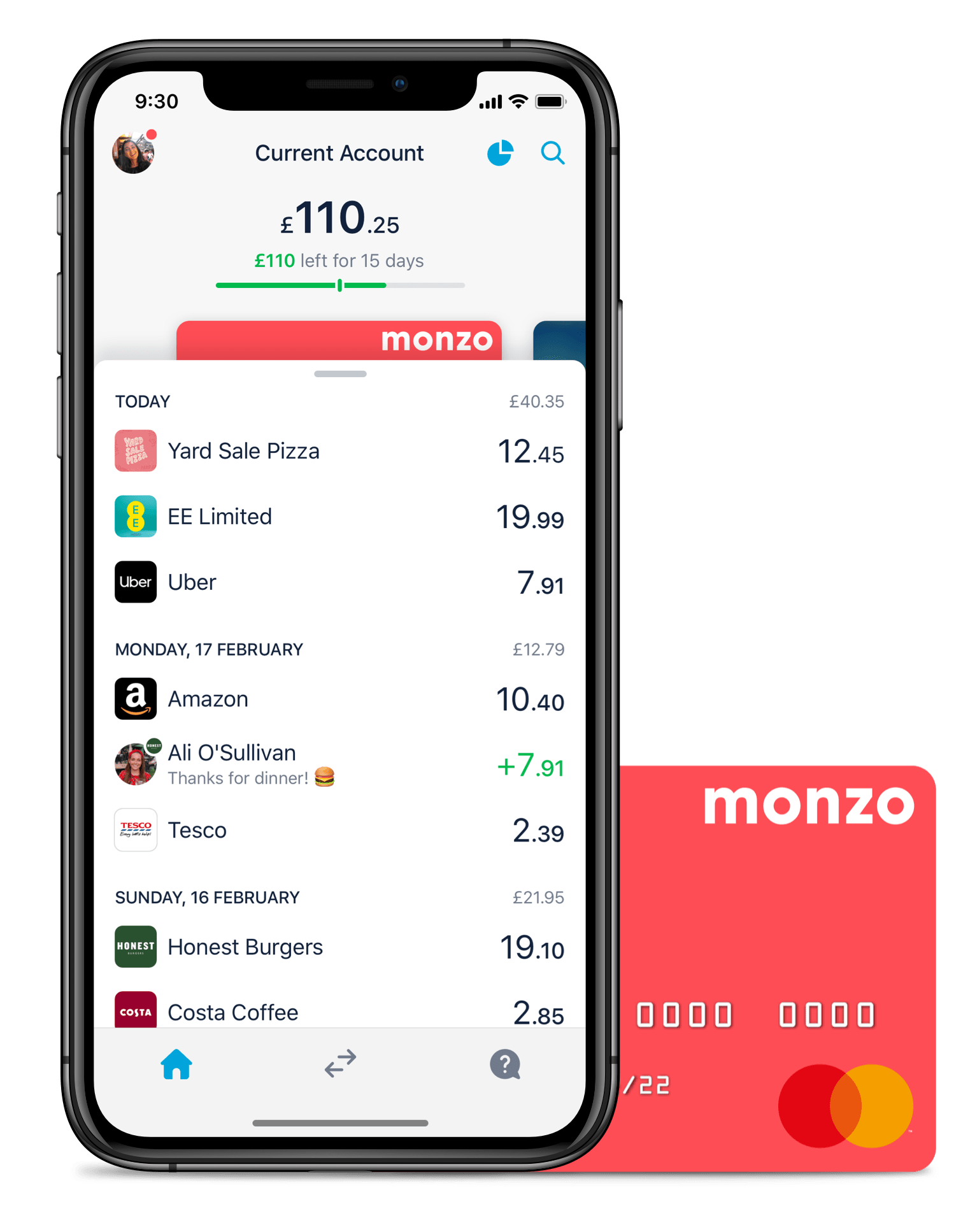 The Monzo app and a hot coral debit card
