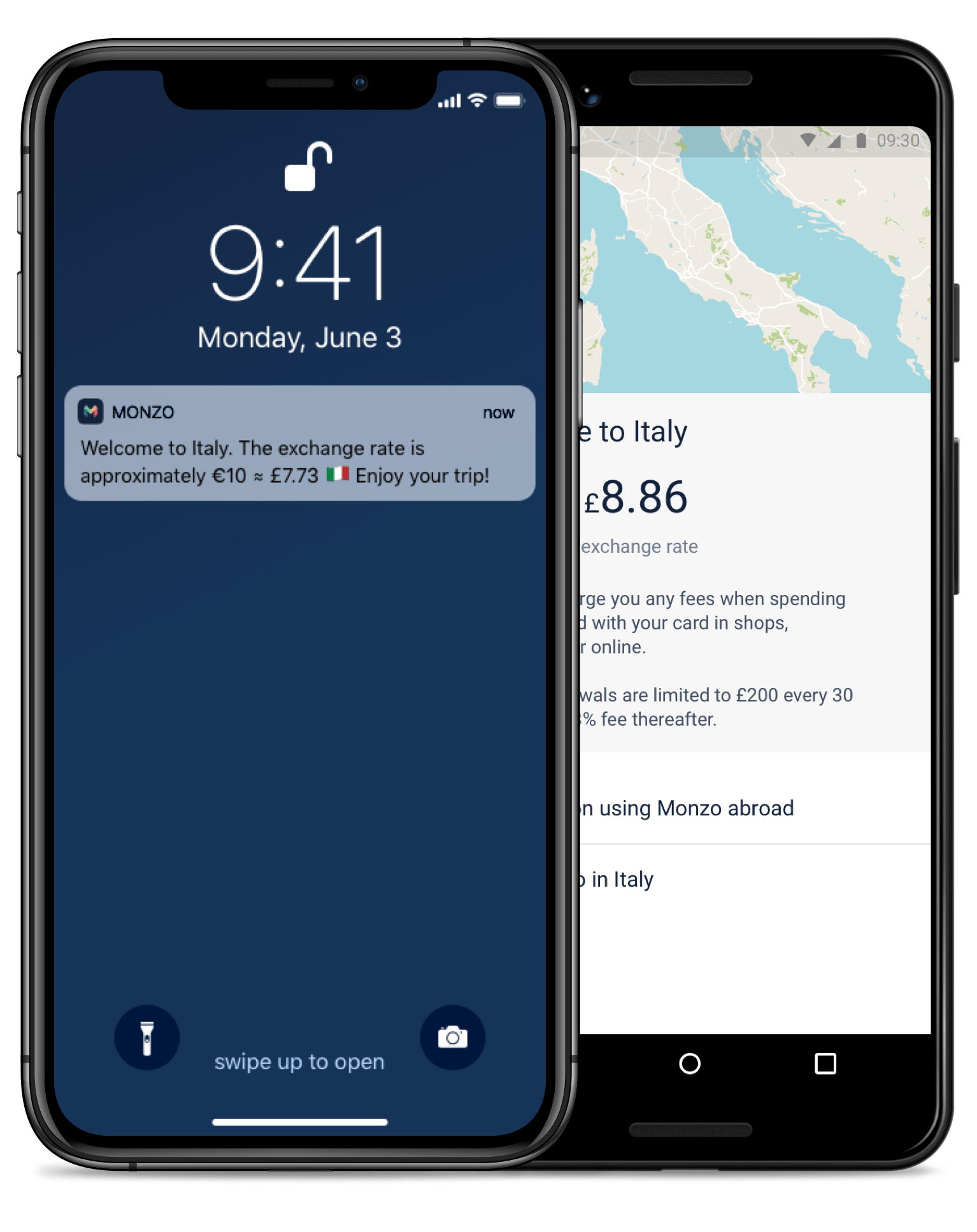 Monzo app showing the exchange rate
