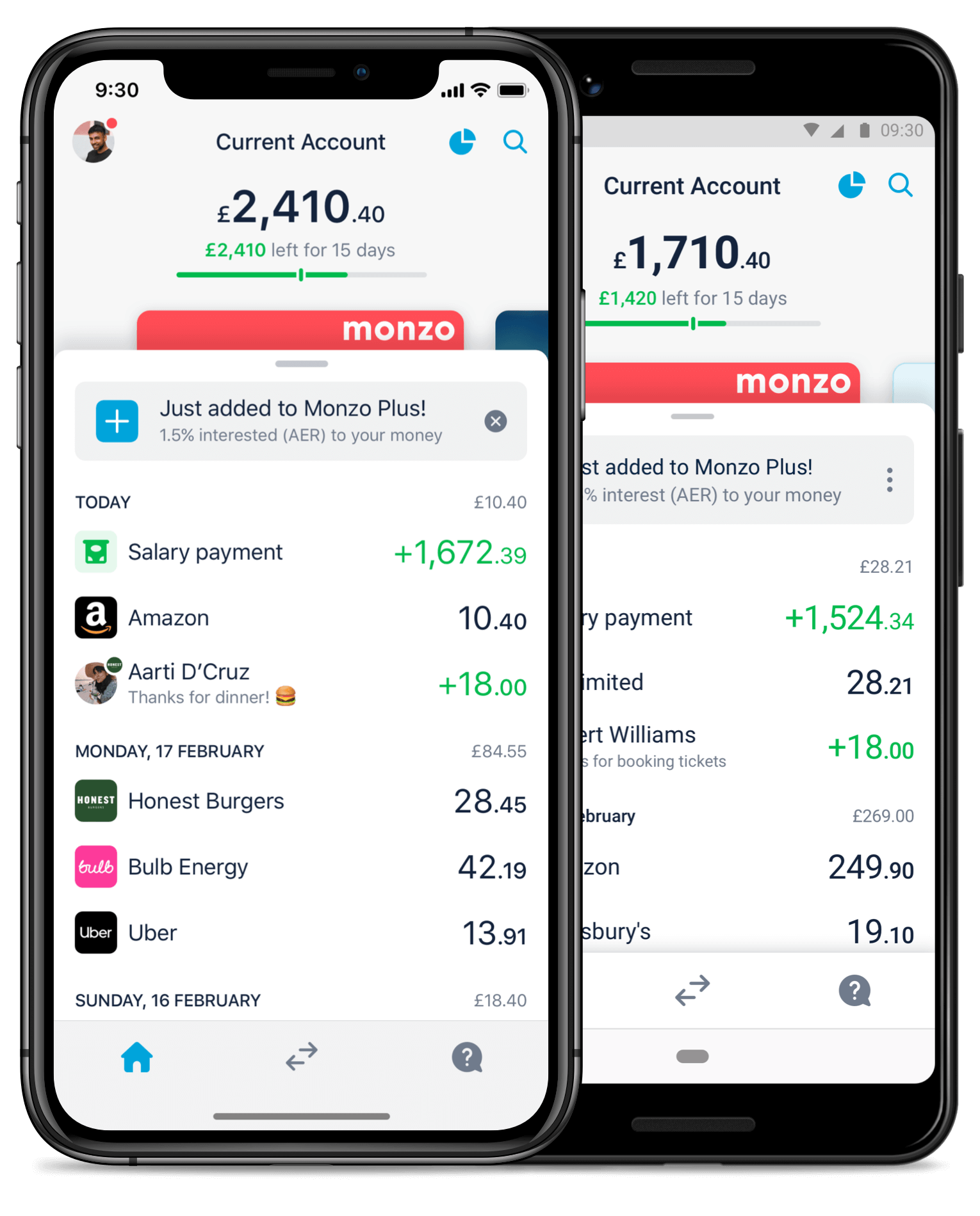 Image of the Monzo spending feed on iOS and Android