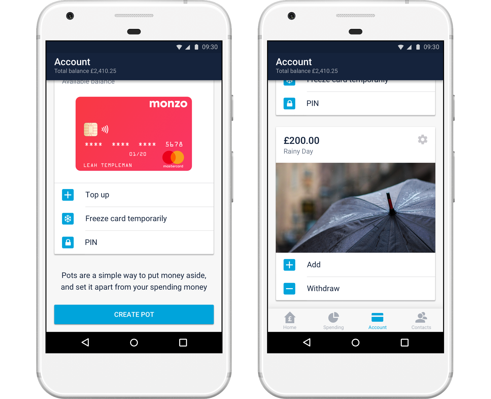 Screenshots of pots in the Monzo Android app