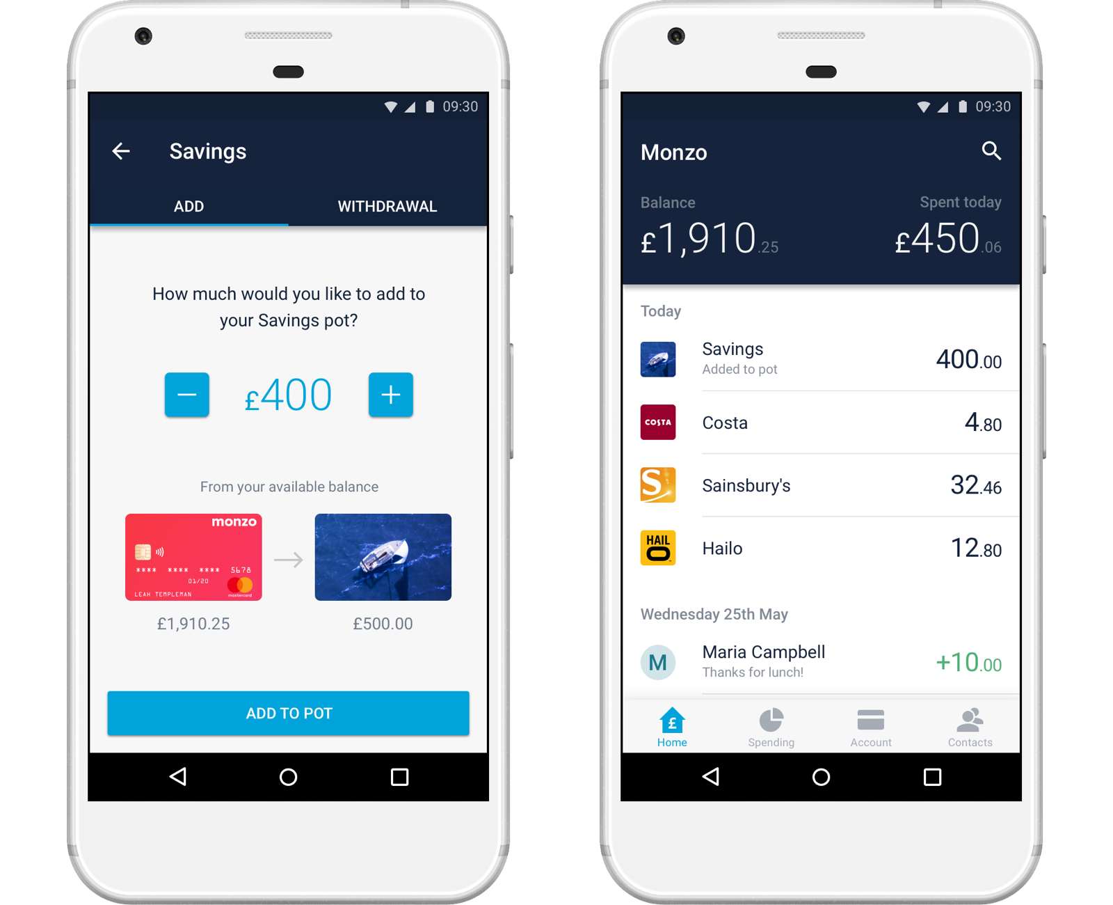 Screenshots of pots in the Monzo Android app