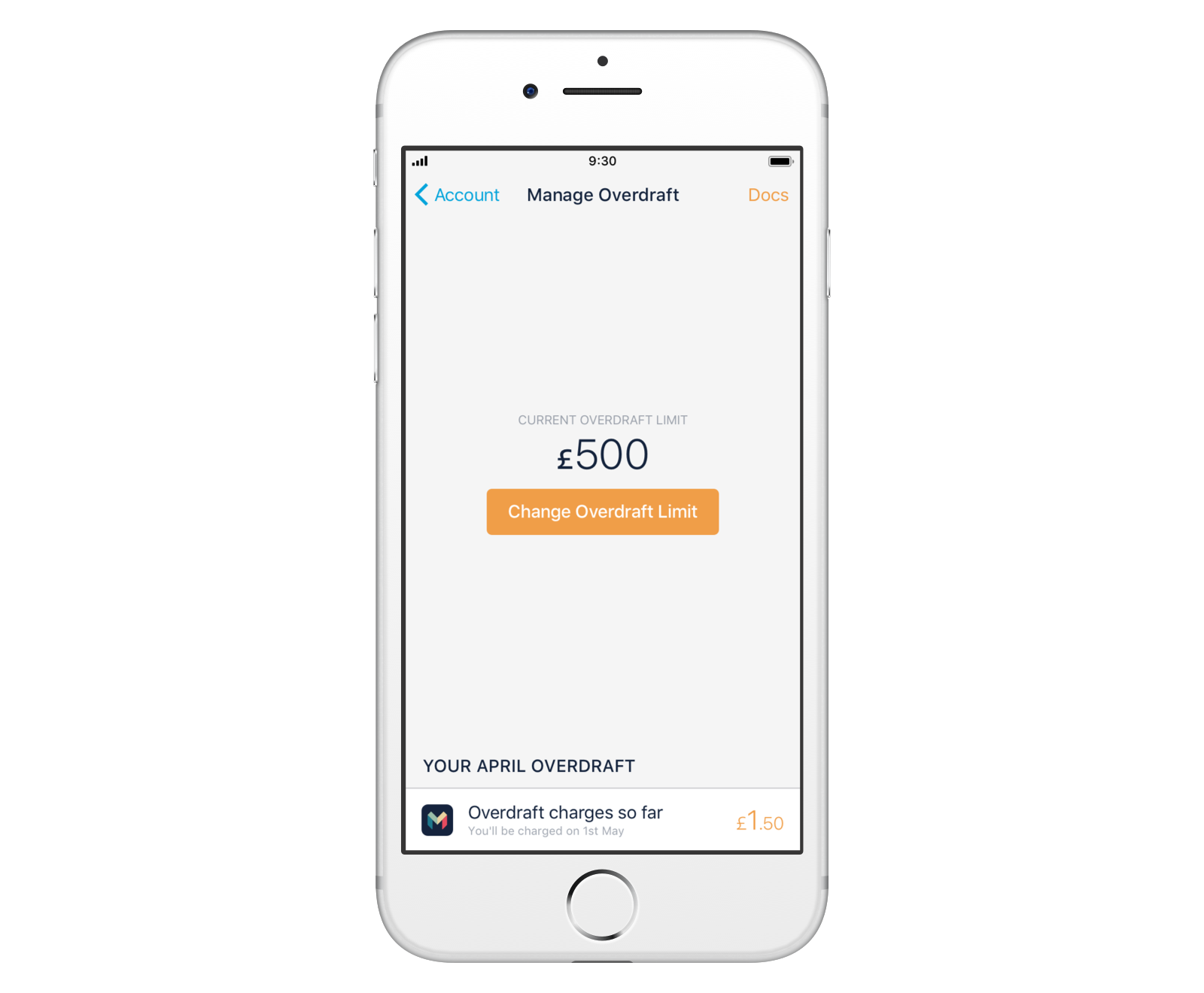Screen showing the option to manage your overdraft, including seeing charges for the month so far and the option to change your limit