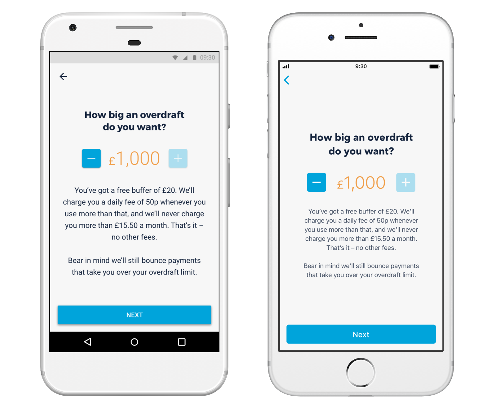 Screen showing how to switch on an overdraft and select your limits