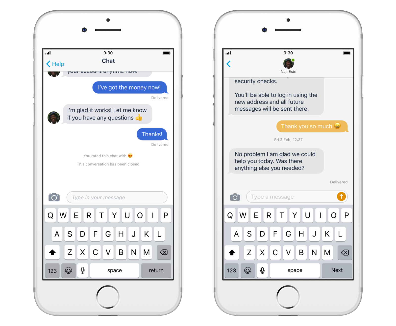 Monzo Chat (left) in-app chat powered by Intercom (right). 