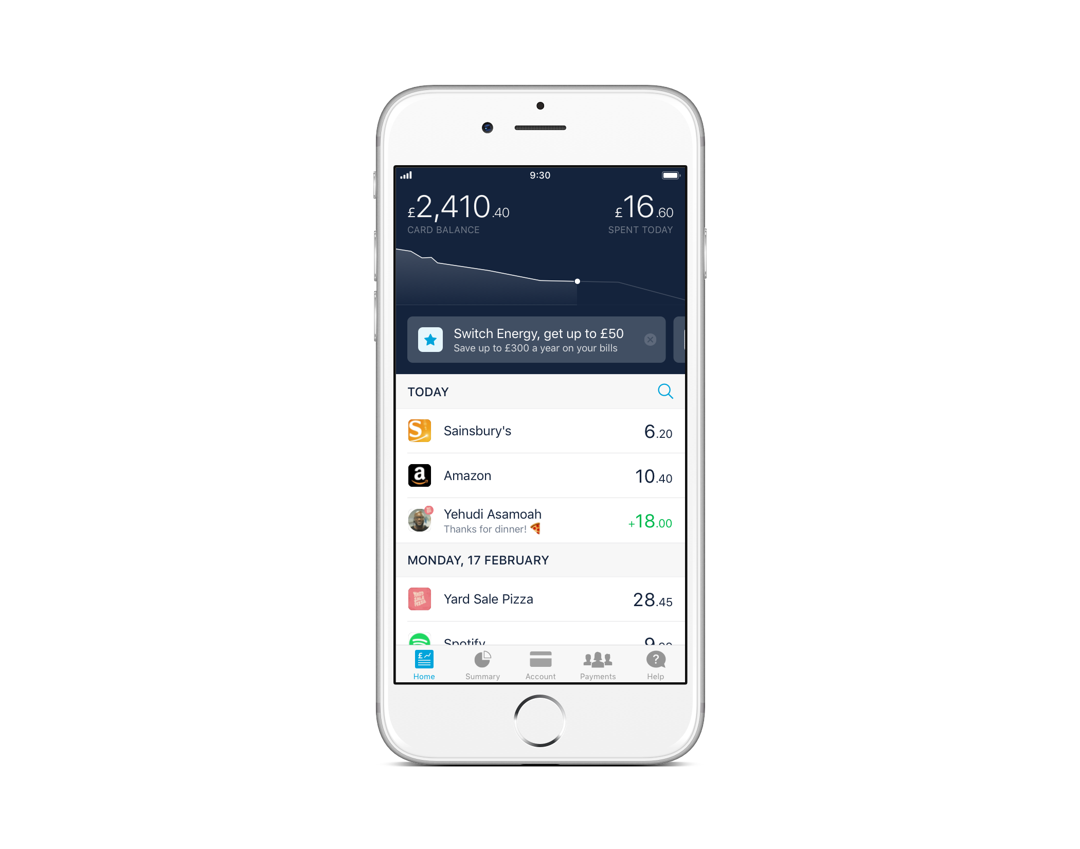 Screens showing the option to switch to OVO Energy or Octopus Energy through the Monzo app