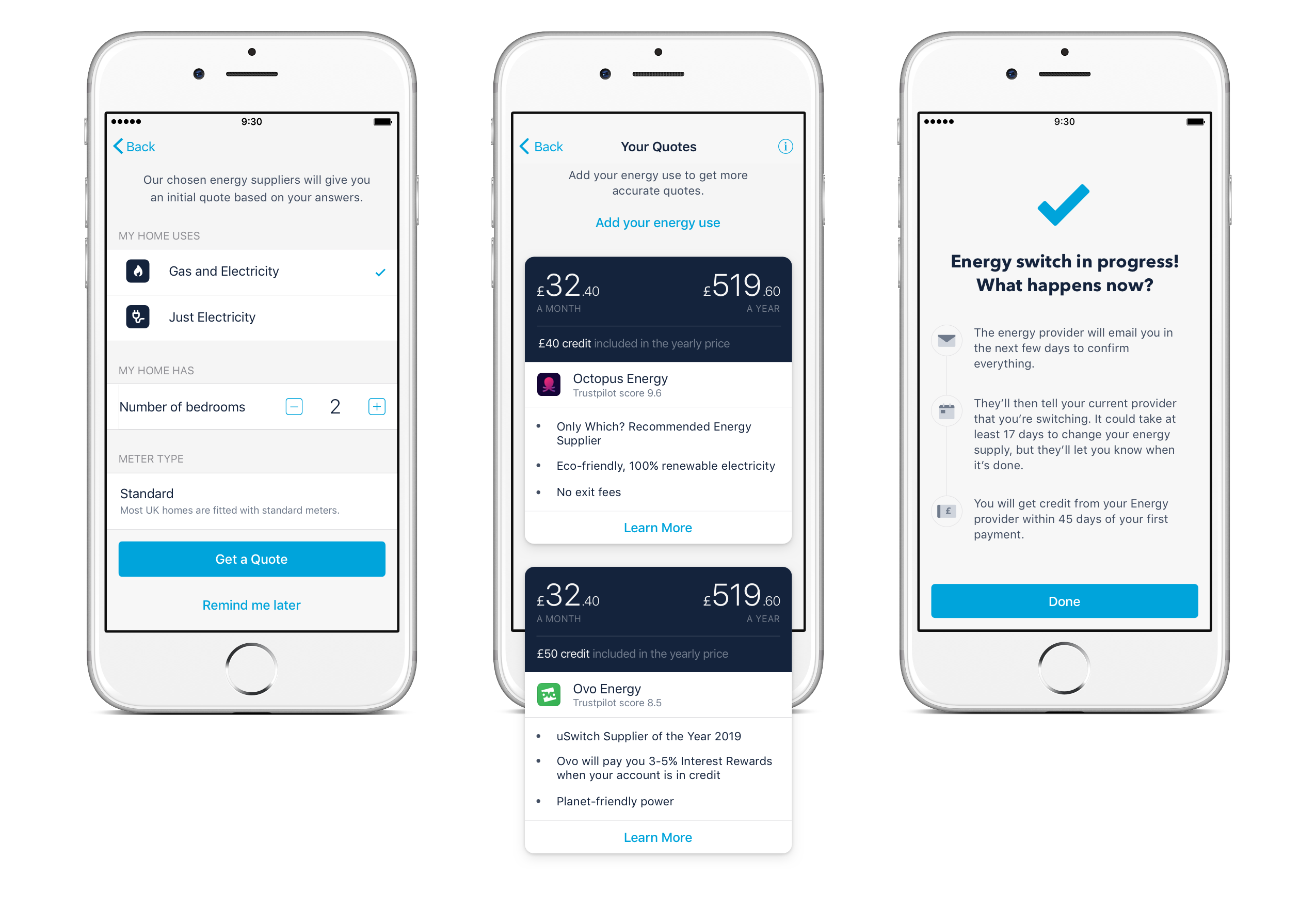 Screens showing the option to switch to OVO Energy or Octopus Energy through the Monzo app