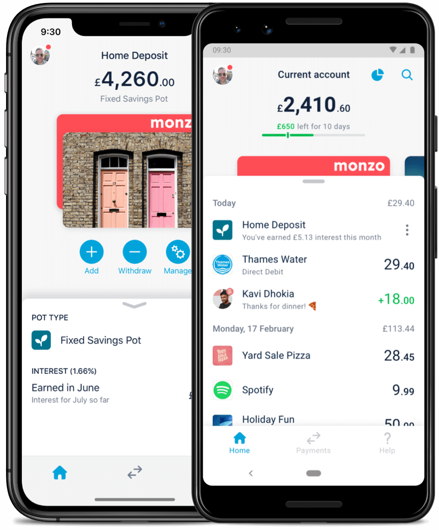 screenshot of mobile with summary tab and savings pot in app