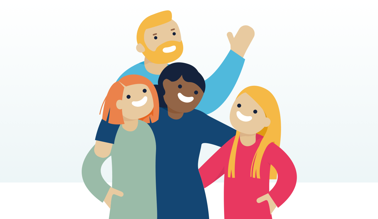 Illustration of four people hugging and smiling